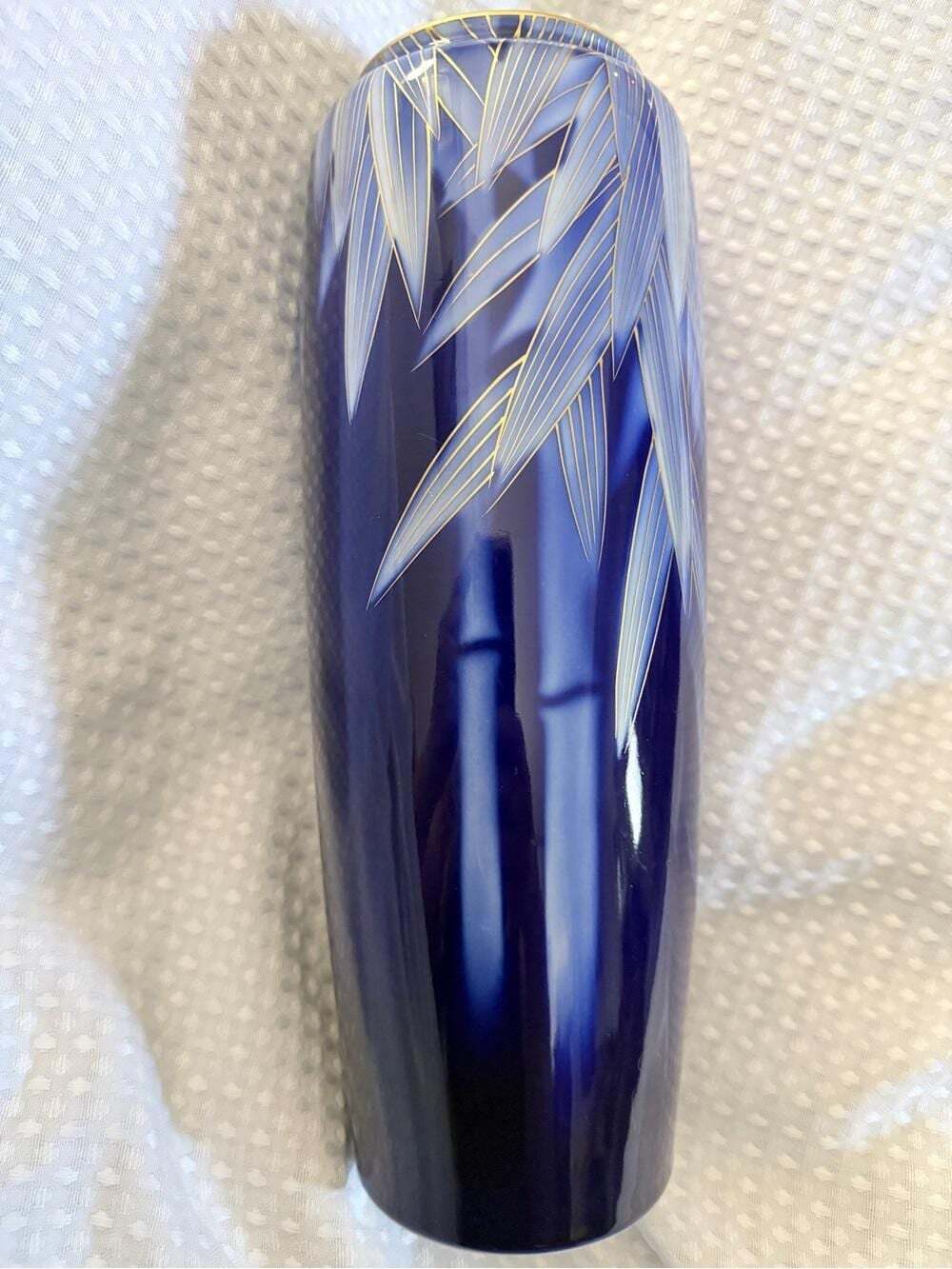 Vintage 11” Fukagawa Seiji Cobalt Blue & Gold Bamboo Porcelain Vase Signed